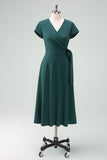 Dark Green A-Line Tea Length Mother of Bride Dress with Belt
