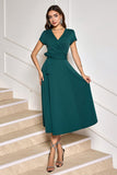 Dark Green A-Line Tea Length Mother of Bride Dress with Belt