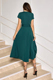 Dark Green A-Line Tea Length Mother of Bride Dress with Belt