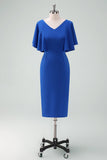 Royal Blue V-Neck Sheath Mother of Bride Dress with Ruffled Sleeves