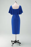 Royal Blue V-Neck Sheath Mother of Bride Dress with Ruffled Sleeves