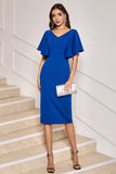 Royal Blue V-Neck Sheath Mother of Bride Dress with Ruffled Sleeves