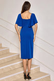 Royal Blue V-Neck Sheath Mother of Bride Dress with Ruffled Sleeves