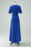 Royal Blue V-Neck Tea Length Sheath Mother of Bride Dress with Belt