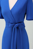Royal Blue V-Neck Tea Length Sheath Mother of Bride Dress with Belt
