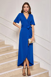 Royal Blue V-Neck Tea Length Sheath Mother of Bride Dress with Belt