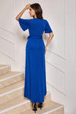 Royal Blue V-Neck Tea Length Sheath Mother of Bride Dress with Belt