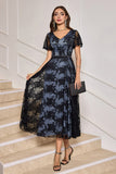 Black V-neck Short Sleeves Lace A-Line Mother of Bride Dress with Sash