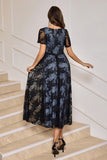 Black V-neck Short Sleeves Lace A-Line Mother of Bride Dress with Sash