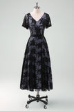 Black V-neck Short Sleeves Lace A-Line Mother of Bride Dress with Sash