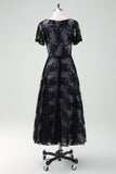 Black V-neck Short Sleeves Lace A-Line Mother of Bride Dress with Sash