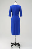 Royal Blue V-Neck Half Sleeves Midi Bodycon Cocktail Dress