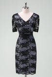 Elegant Black V-Neck Lace Sheath Mother of Bride Dress with Short Sleeves