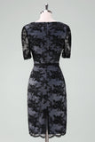 Elegant Black V-Neck Lace Sheath Mother of Bride Dress with Short Sleeves