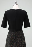 Sparkly Black A-Line Mother Dress with Half Sleeves