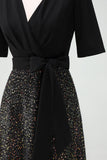 Sparkly Black A-Line Mother Dress with Half Sleeves