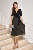 Sparkly Black V-Neck A-Line Mother Dress with Sash