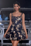 Black Golden Embroidery A-Line Short Wedding Guest Dress