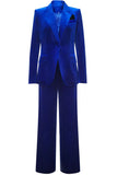 Leely 2 Pieces Royal Blue Velvet Single Button Women's Suits Red Trouser Suit