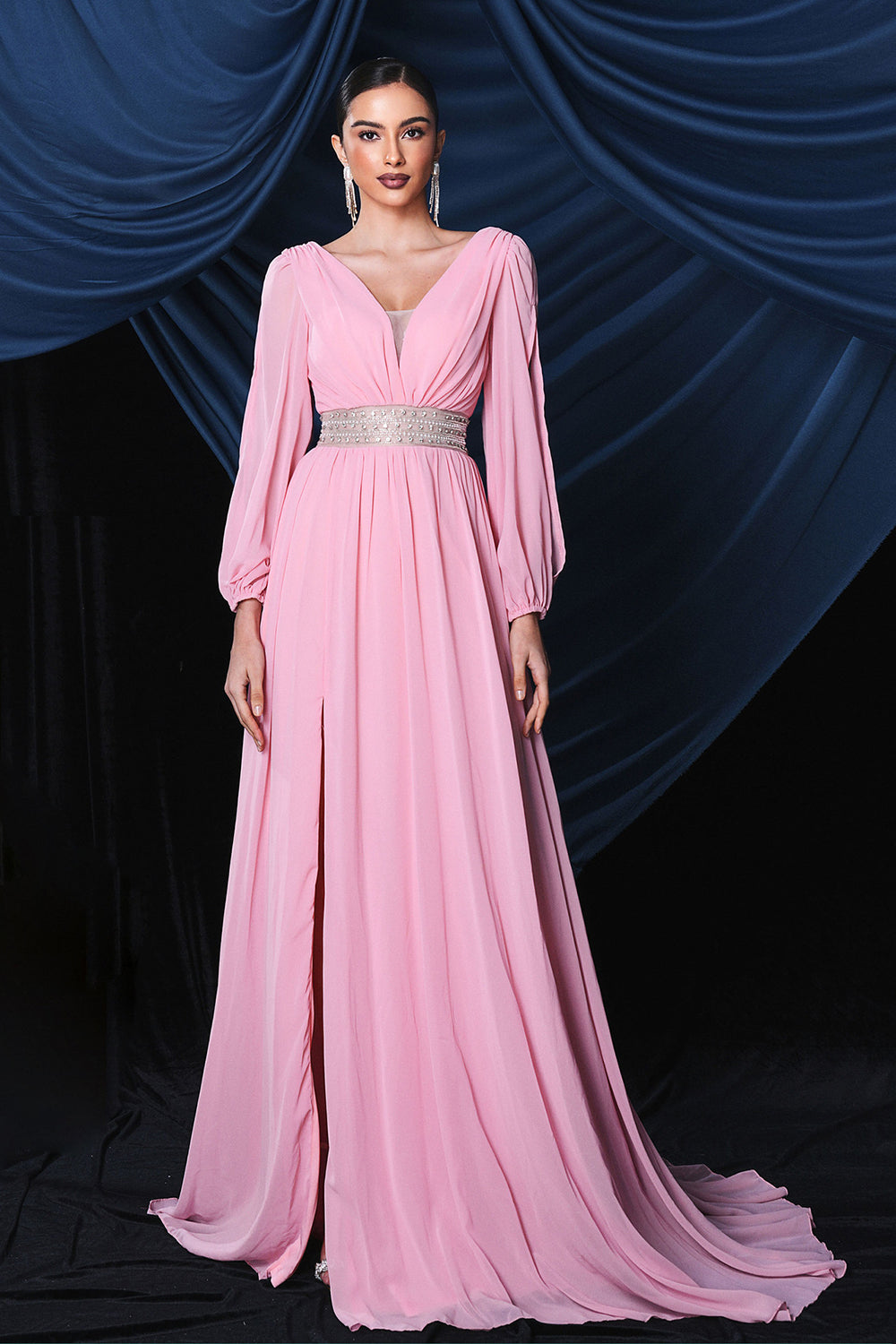 Leely Women Pink Chiffon Long Sleeves Prom Dress With Slit V-Neck