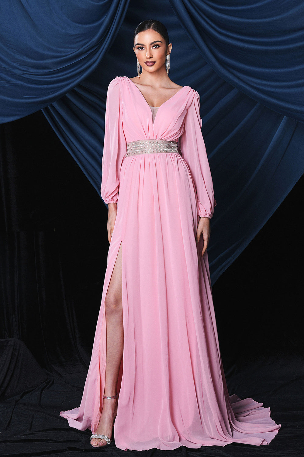 Leely Women Pink Chiffon Long Sleeves Prom Dress With Slit V-Neck