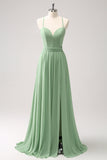 Dusty Sage A-Line Spaghetti Straps Chiffon Bridesmaid Dress with Slit