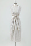 Sparkly Champagne V Neck Tea Length Prom Dress with Bow