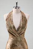 Glitter Golden Halter Tea-Length Mermaid Wedding Guest Dress