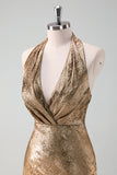 Glitter Golden Halter Tea-Length Mermaid Wedding Guest Dress