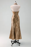 Glitter Golden Halter Tea-Length Mermaid Wedding Guest Dress