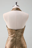 Glitter Golden Halter Tea-Length Mermaid Wedding Guest Dress
