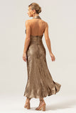 Glitter Golden Halter Tea-Length Mermaid Wedding Guest Dress