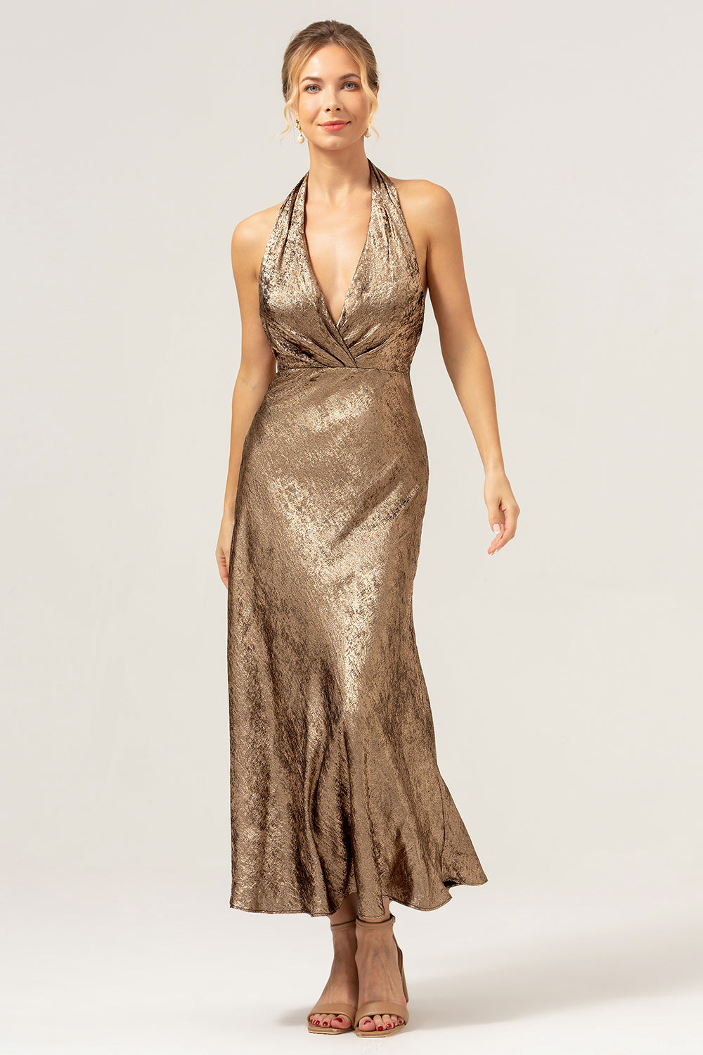 Leely Women Glitter Golden Halter Tea-Length Mermaid Wedding Guest