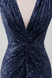 Sparkly Navy V-Neck Sheath Wedding Guest Dress with Slit