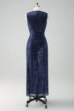 Sparkly Navy V-Neck Sheath Wedding Guest Dress with Slit