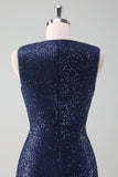 Sparkly Navy V-Neck Sheath Wedding Guest Dress with Slit