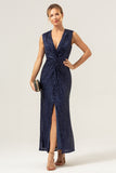 Sparkly Navy V-Neck Sheath Wedding Guest Dress with Slit