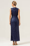 Sparkly Navy V-Neck Sheath Wedding Guest Dress with Slit