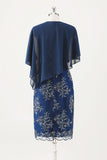 Navy Tea Length Applique Sheath Mother of the Bride Dress with Wrap