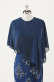 Navy Tea Length Applique Sheath Mother of the Bride Dress with Wrap