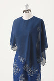 Navy Tea Length Applique Sheath Mother of the Bride Dress with Wrap