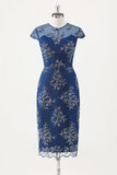 Navy Tea Length Applique Sheath Mother of the Bride Dress with Wrap