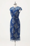 Navy Tea Length Applique Sheath Mother of the Bride Dress with Wrap