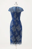 Navy Tea Length Applique Sheath Mother of the Bride Dress with Wrap