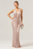 Sparkly Blush Halter Mermaid Long Prom Dress