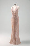 Sparkly Blush Halter Mermaid Long Prom Dress