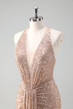 Sparkly Blush Halter Mermaid Long Prom Dress