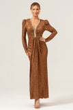 Sparkly Coffee Mermaid Wedding Party Dress with Long Sleeves