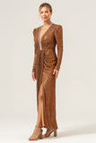 Sparkly Coffee Mermaid Wedding Party Dress with Long Sleeves