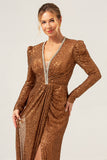Sparkly Coffee Mermaid Wedding Party Dress with Long Sleeves